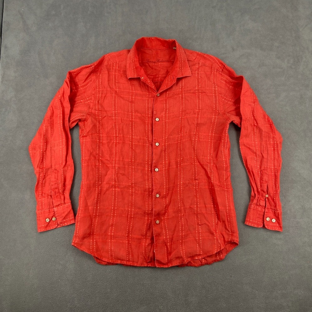 Tommy Bahama Shirt Mens XL Red Plaid Linen Curved Hem‎ Button Up